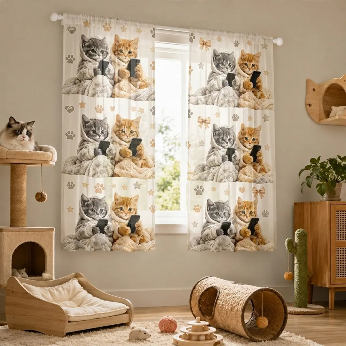 2-piece adorable orange and gray cat print curtains, featuring cat paw and star patterns, semi-blackout design, pocket rod installation, polyester material, suitable for living rooms, kitchens, bedrooms, studies, etc.