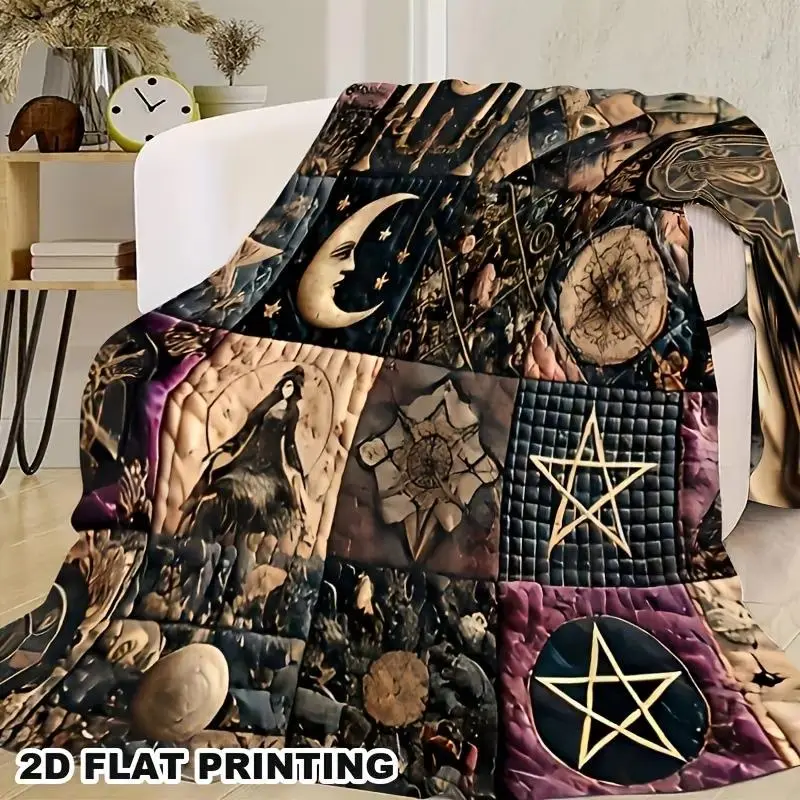 Classic Vintage Gothic Witch Quilted Flannel Cooling Throw Blanket, Dark Fantasy Pentagram Moon Mystic Symbols Print, Wrinkle Resistant Durable Super Soft Plush Blanket, Multi-use Decor for Bed Sofa, All Seasons Holiday Gift for Gothic Style Lovers