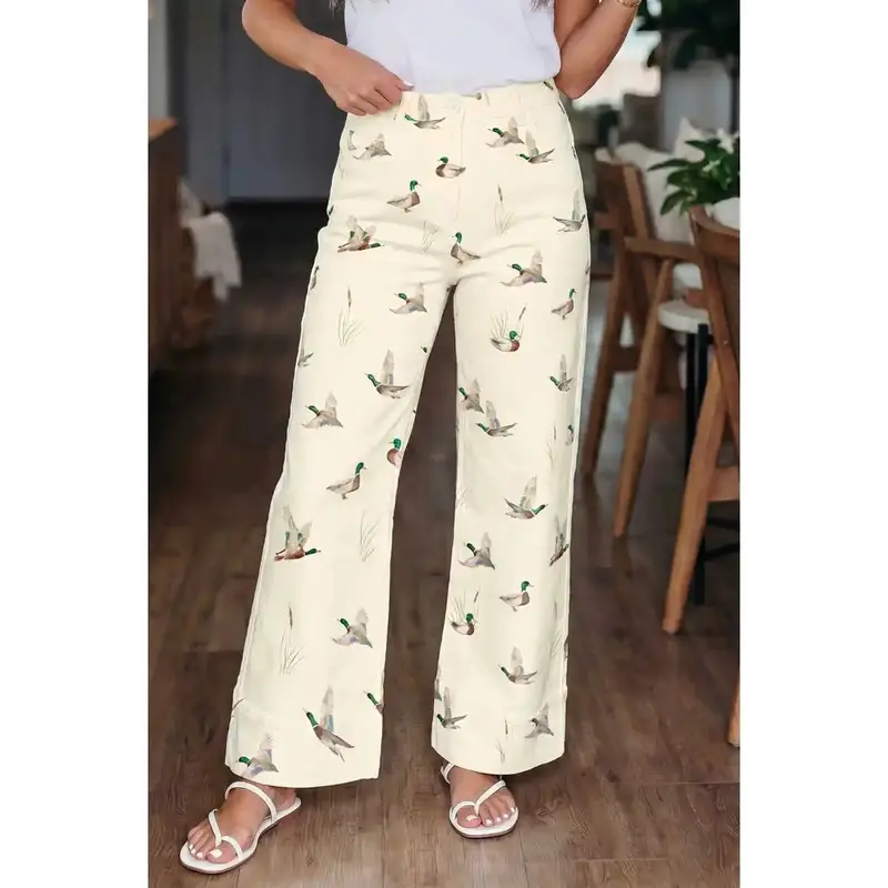 Women's Printed Wide-Leg Denim Pants - Stretch Cotton, Relaxed Fit, Mallard Duck Print, Statement Cuffed Hem, Pockets, Button Detail, Street Style Vibe, Everyday Sports & Outdoor Joggers, Stylish Wear