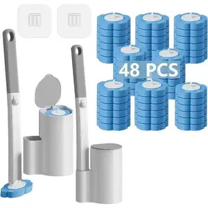 Disposable Toilet Brush and Holder Set with Extended Handle, 48 Cleaner Refills, Compact Design for Toilet Bowl, Bathroom Cleaning, Easy Maintenance