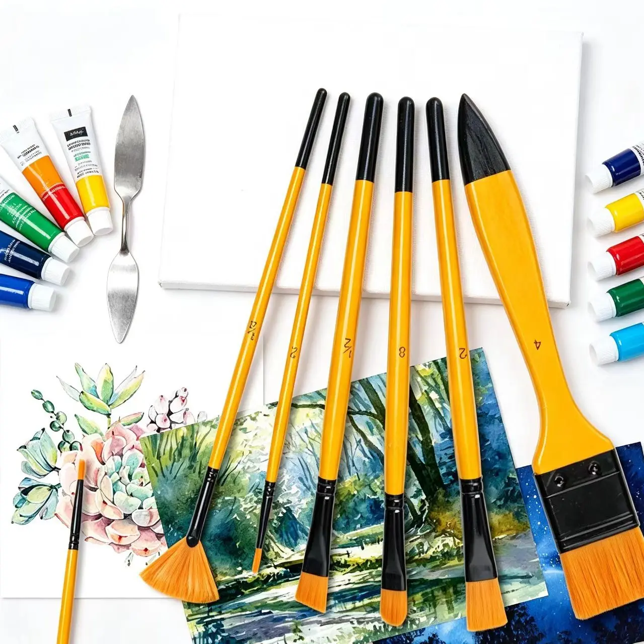 6-Piece Student Art Brush Set, Wooden Handle Mixed Head Brushes, Ideal for School Art Classes, Watercolor and Acrylic Painting, Art Drawing Supplies