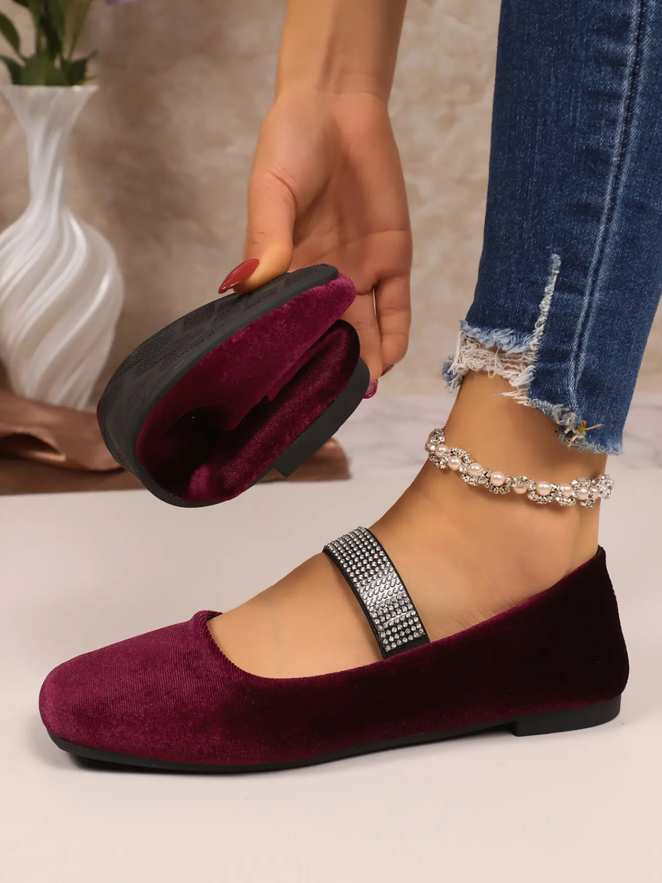 Meadow Style Deep Velvet Mary Jane Flat Shoes, Full Rhinestone Strap, Low Top Soft Sole, Comfortable Office Wear, Versatile Women's Single Shoe