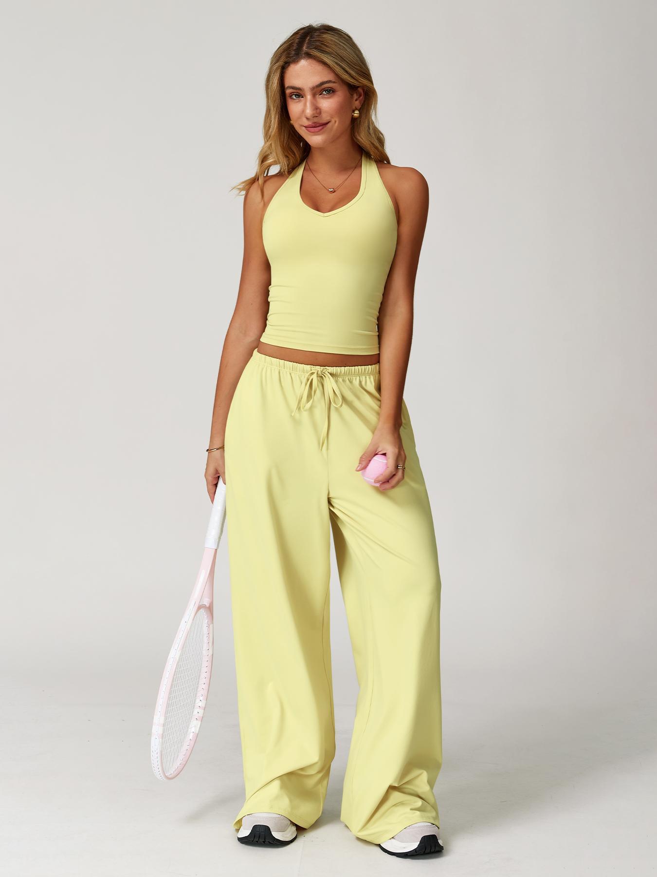 Women's Solid Halter Neck Top & Wide-Leg Pants Sports Set, Casual Sleeveless Top & Pants for Daily Outdoor Wear, Ladies Activewear Set for Tennis and Running, Workout Clothes, Breathable Activewear, Yoga Gym Outfits