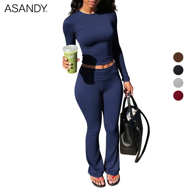 ASANDY   Women's Two-Piece Workout Set Long Sleeve Cropped Top High Waist Flared Pants Solid Color Stretch Outfit for Daily Outdoor Jogging Casual Sportswear