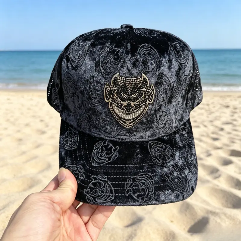 Limited Edition Diablo Chava Blue Velvet Rhinestone Devil Motif Snapback Cap - Adjustable Streetwear Edgy Party Hat, Versatile Festive Accessory for All, Edgy Party Hats