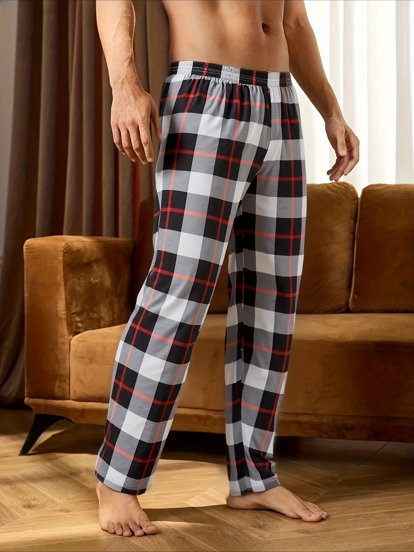 Autumn/Winter Style Men's Plaid Loose Fit Sleep Pants, Ankle Length, Elastic Waist, Soft and Comfortable, Casual Home Wear, Gift Idea，Back-to-school outfits, couple pajamas, gifts for your loved one