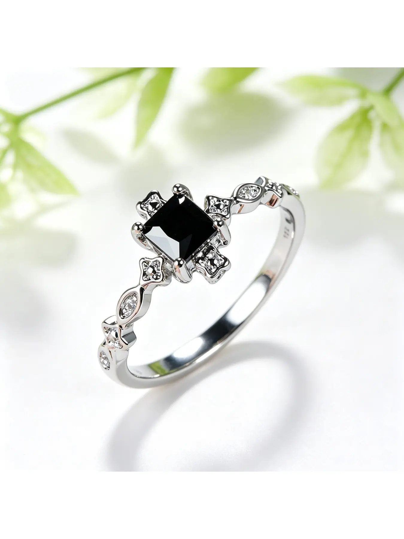 Square Black Gem Cross Accent Thin Shank Engagement Ring, Bridal Ring, Cool Unique Gift for Women, Hollow Crystal Band for Everyday Wear, Dark Goth Jewelry for Valentine Christmas Mother’s Day Date Party Proposal Anniversary