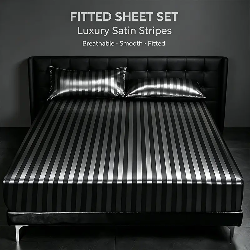 Luxury Satin Fitted Sheet Bedding Set, Elegant Vertical Stripe Design, Soft Smooth Bed Cover with 2 Pillowcases, Perfect for Bedroom Decoration and All‑Season Household Use, Silky Bed Sheets