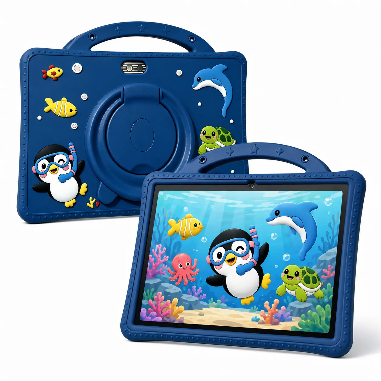 7 Inch Kids Tablet with 360° Rotating Stand Shockproof Silicone Case Cute Ocean Theme Educational Learning Toddler Tablet PC ABS Drop-Proof Handle Bumper Cover Pad Birthday Gift for Boys Girls kid android screen full hd