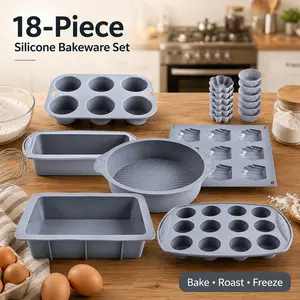 18PCS Food-Grade Silicone Bakeware Set, Non-Stick Multipurpose Baking Kit: Cake, Loaf, Madeleine, Pudding Molds, Heat Resistant Reusable Bake Tools, Easy Demold, Dishwasher Safe, For Cakes, Bread, Muffins, Custards, Chocolates & Daily Homemade Dessert DIY