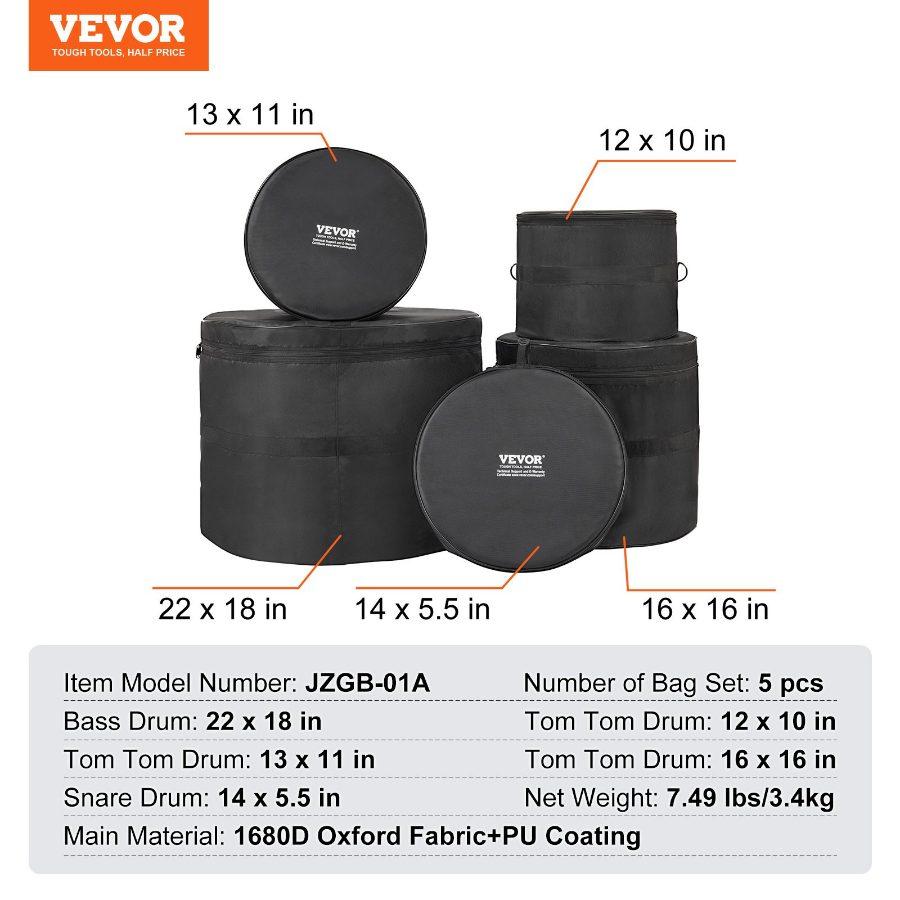 VEVOR 5-Piece Drum Bag Kit, Durable 1680D Oxford Material, Cushioned Cases with 1.5m Removable Shoulder Strap and Carry Handles, Collapsible, Fits 22'' Bass, 12''/13''/16'' Toms, 14'' Snare