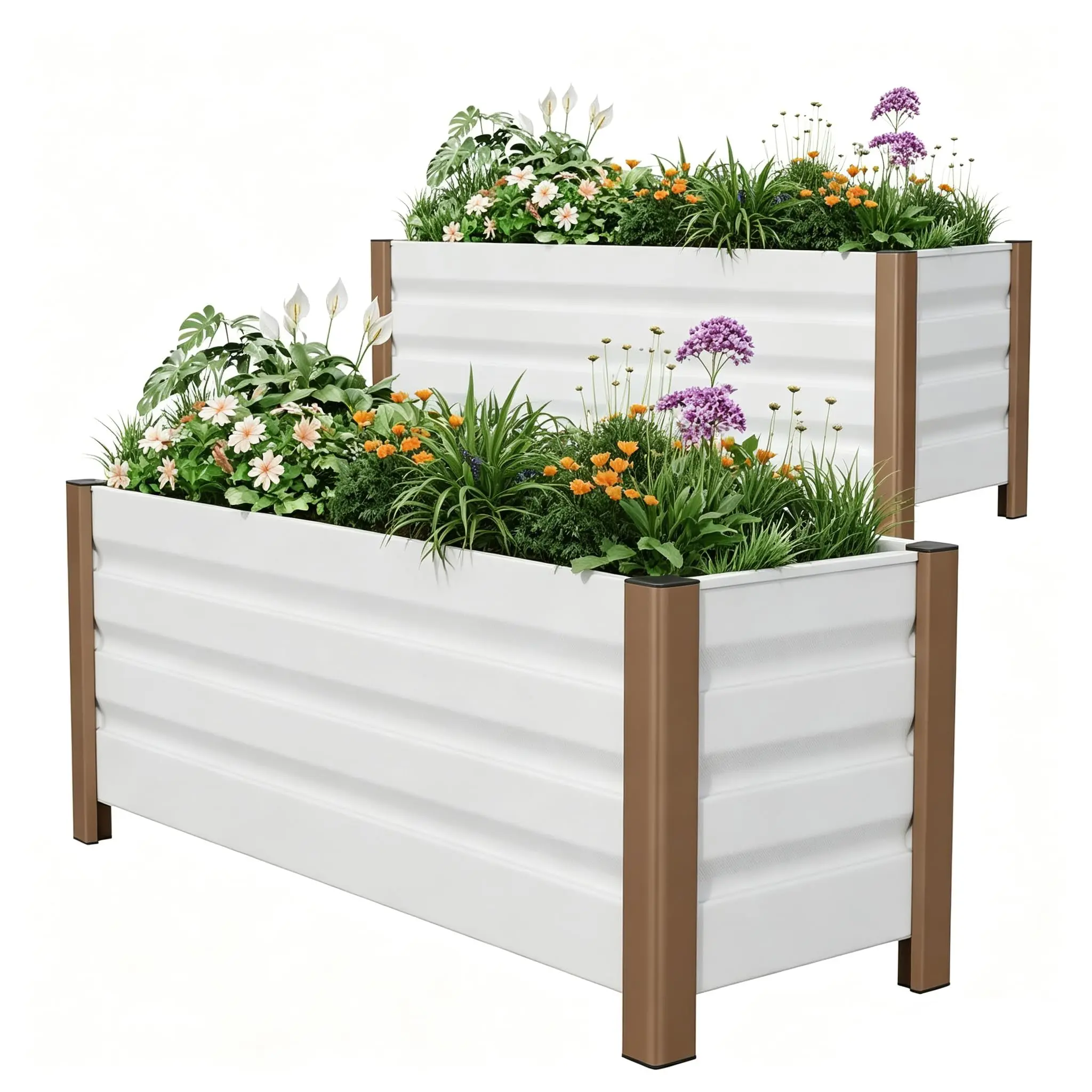 GARVEE 2-Pack Large White Aluminum Rectangular Planter Boxes (39"X16"X18"), Extra Long Raised Garden Beds with Rounded Corners, Anti-Cut Safety Edging, Deep Design, Drainage Holes for Outdoor Gardening on Patio, Balcony