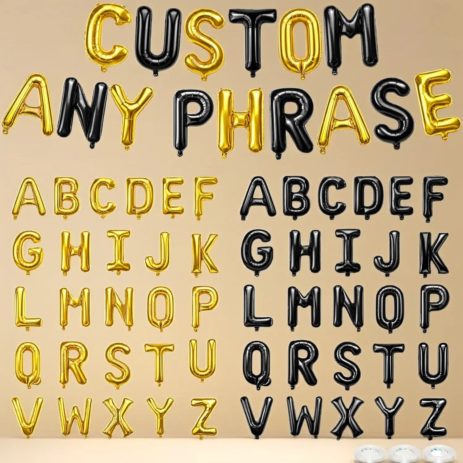 16 Inch Black Gold Alphabet Letter Balloons Banner |   2 Full A-Z Sets 52Pcs Mylar Foil Balloons, Custom Words for Birthday Wedding Graduation Party Decor