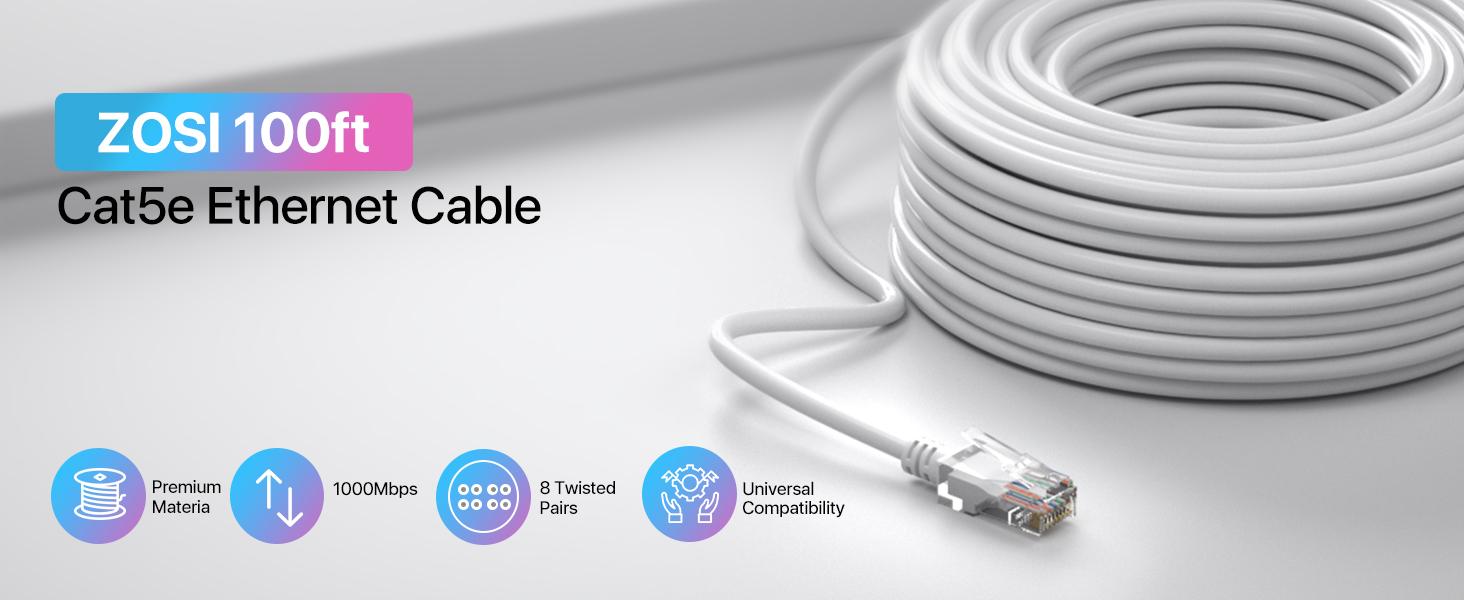 ZOSI Cat5e Ethernet Cable 100ft High Speed Network RJ45 wire cord for POE security cameras system , PoE switch, internet router , computer , IP cameras (30M)
