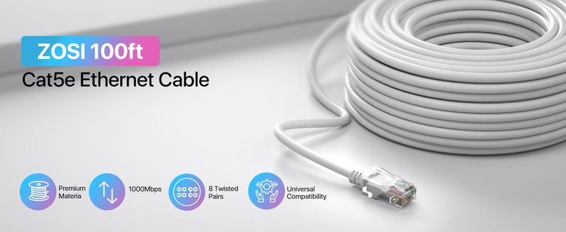 ZOSI Cat5e Ethernet Cable 100ft High Speed Network RJ45 wire cord for POE security cameras system , PoE switch, internet router , computer , IP cameras (30M)
