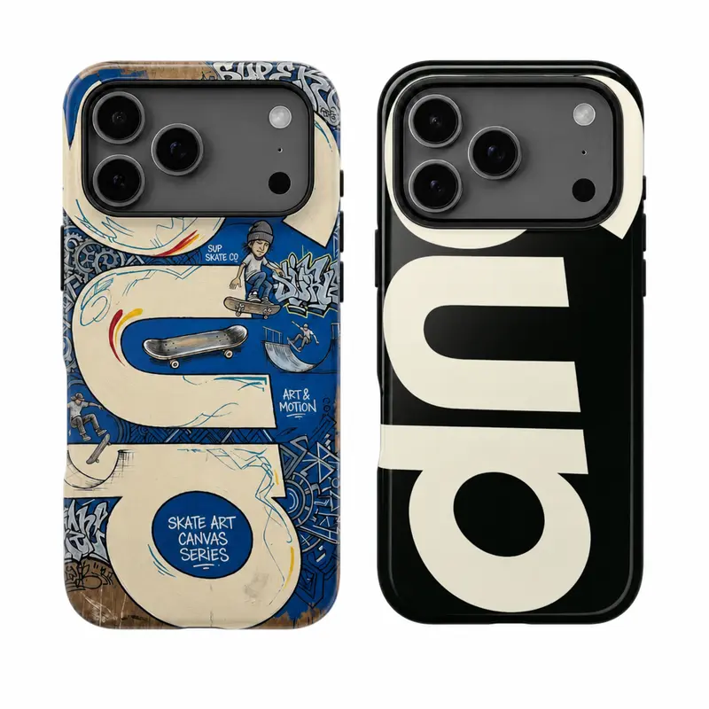 Protective Casing - Creative Curved Geometric Art Design, Shockproof Drop-Proof TPU, Magnetic Masked Metal Frameless Edge, Black Christmas Reindeer/Delight Tree Theme, For iPhone 18 17 16 15 14 13 Pro ProMax Plus & For Samsung Galaxy S26-21 Ultra Plus FE.
