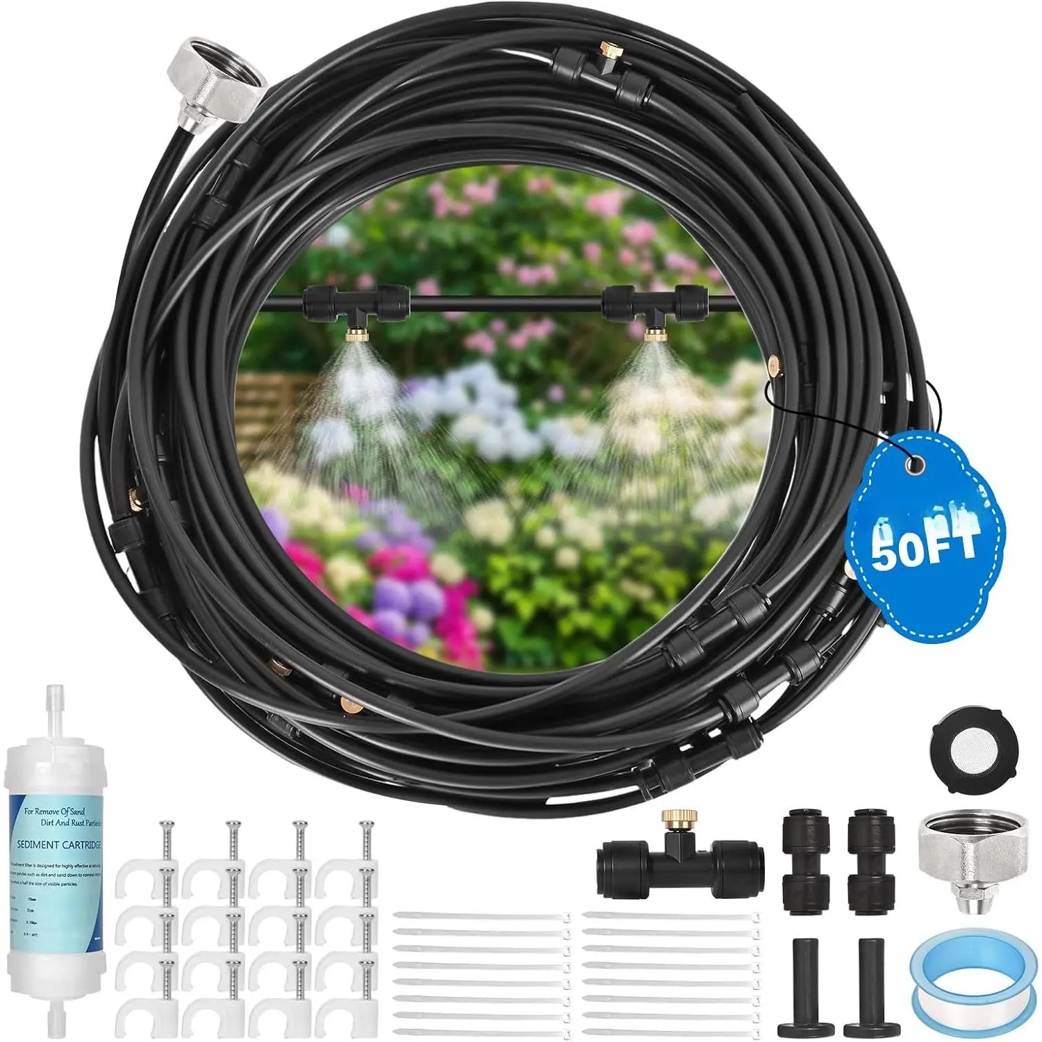 50ft/15M Misters for Outside Patio with Water Filter Misting Systems Pre-Assembled 15 Brass Mist Nozzles, Installation-Free Outdoor Misting Cooling System for Garden Waterpark Greenhouse