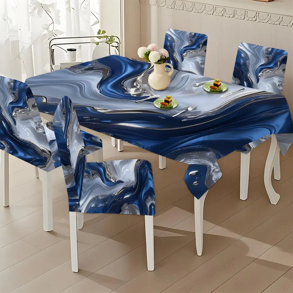 5pcs/7pcs Blue Paint Pattern Tablecloth and Chair Covers Set, Non-Slip, Ideal for Family Gatherings, Holiday Dining Decor
