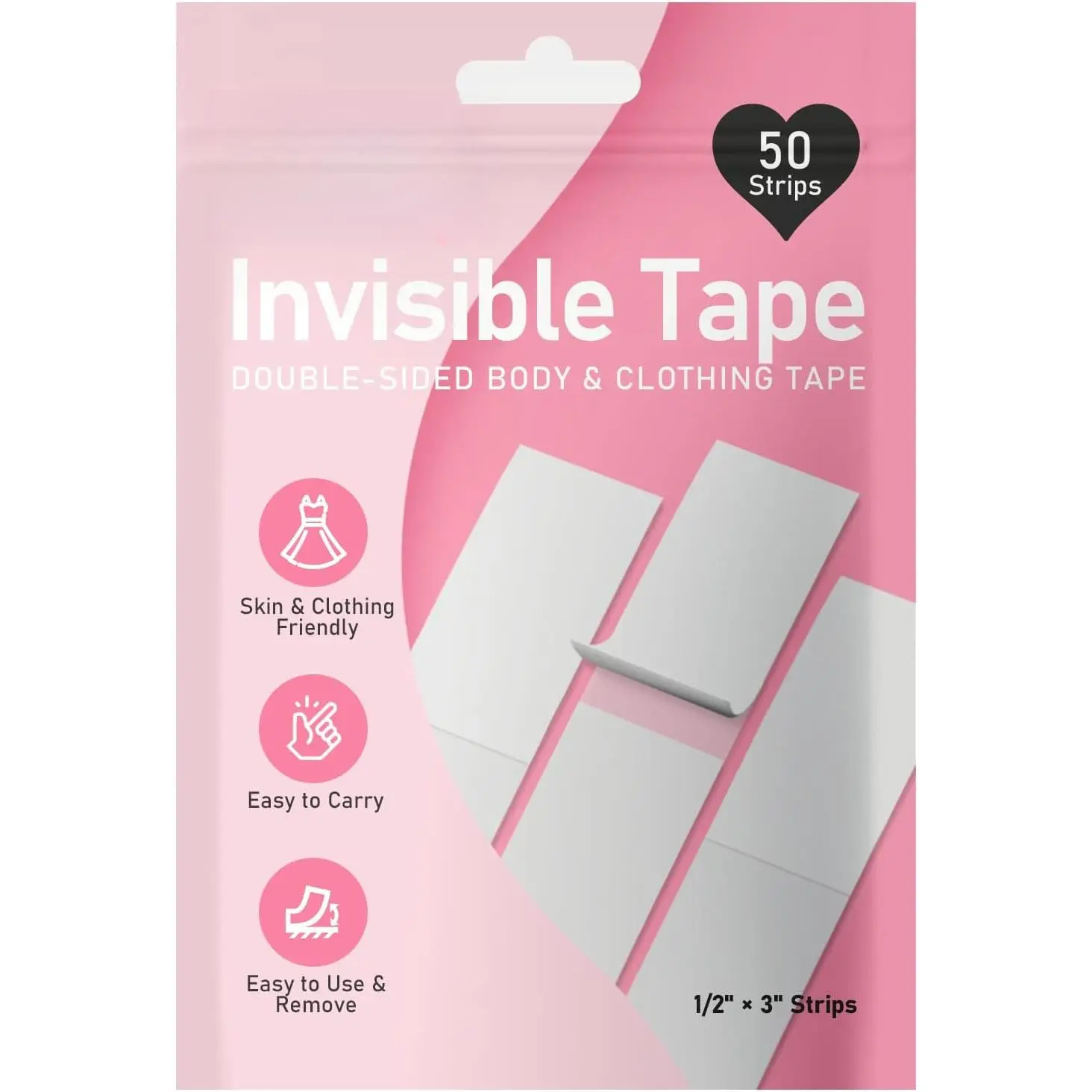 50-Strips Double-Sided Tape for Fashion, Invisible Clear Fabric Tape for Clothing & Body with All Day Strength, Hypoallergenic for Sensitive Skin