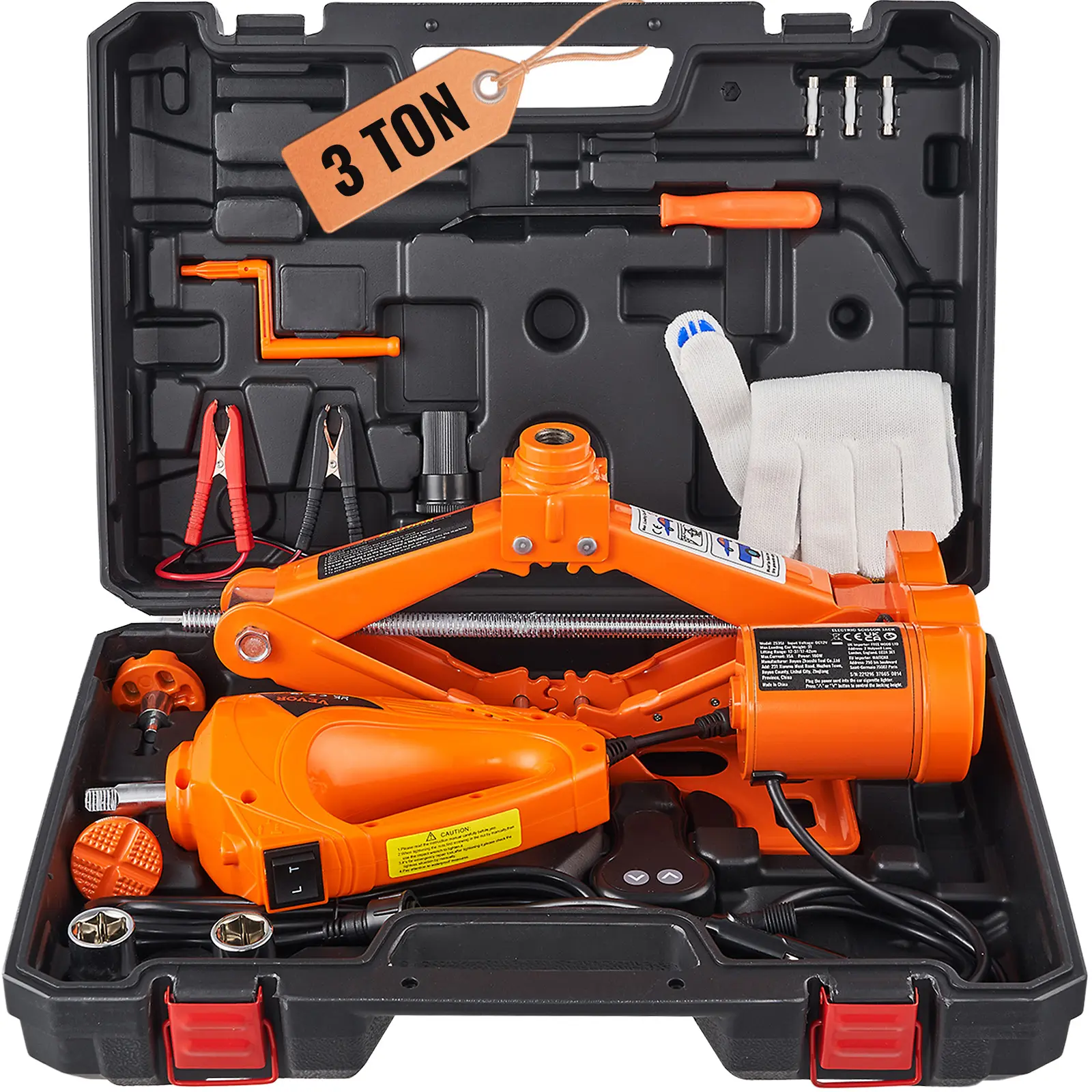 Electric Car Jack, Tons Scissor Jack with Electric Impact Wrench, DC 12V Input Voltage, 15A Maximum Current, Steel + Plastic + Aluminum Construction, Multi-Function Carrying Case