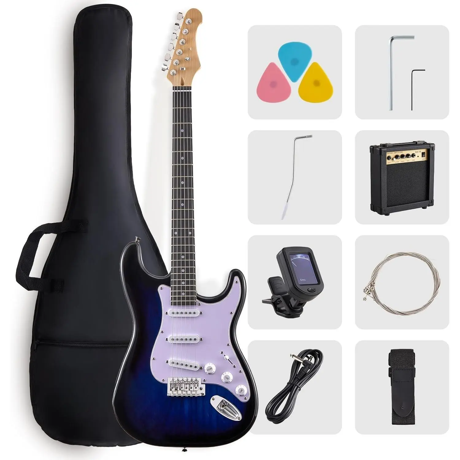 39-Inch Electric Guitar Starter Kit  Series-Complete starter kit with electric guitar, amp, strap, plectrum, tuner, strings,  and guitar bag - Suitable for beginners (blue)