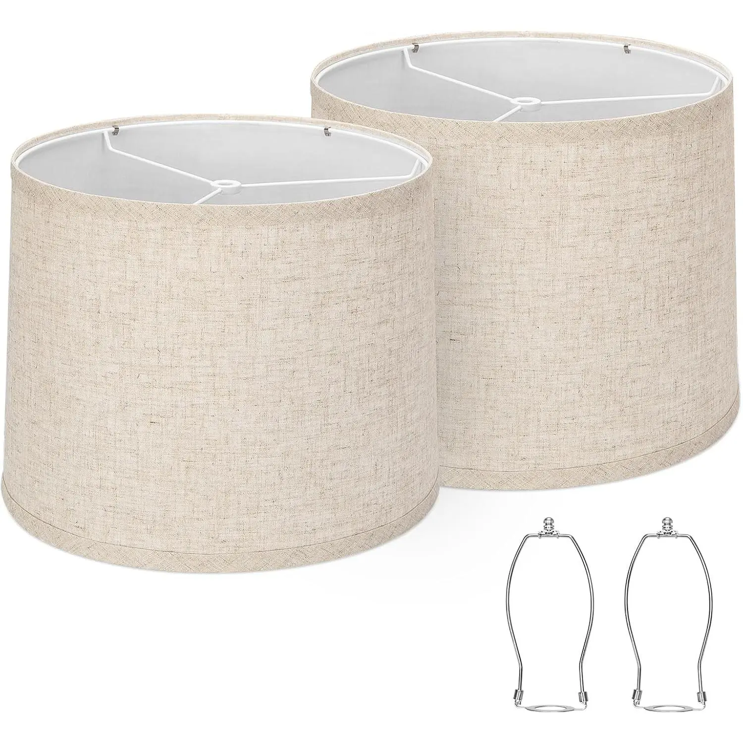 Set of 2 Drum Lampshades 11.6" Top x 12.6" Bottom x 9.8" High Medium Spider Fitter Lampshades Beige Natural Linen Hand Crafted Easy Assembly Required