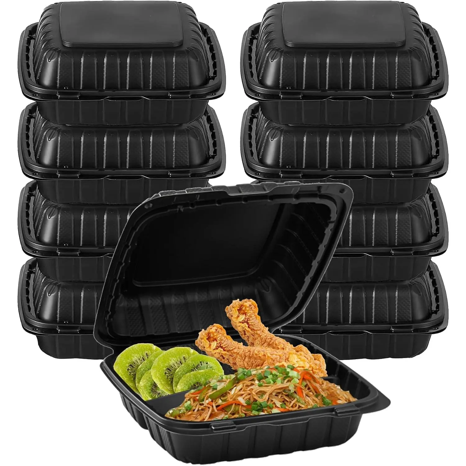 8" X 8" 3-Compartment To Go  Take Out Containers Boxes With  | 50 Pack Microwaveable Black Mineral-Filled Disposable Togo Plates Clamshell Containers With Dividers For Lunch  Carry