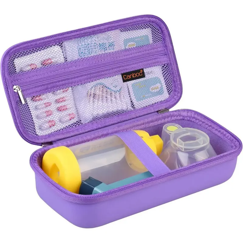 Travel Carrying Case for Asthma Inhaler, Handheld Spacer for Adults and Kids, Masks, Hard Inhaler Case with Mesh Pocket fit Medicine and Other Essentials, Purple