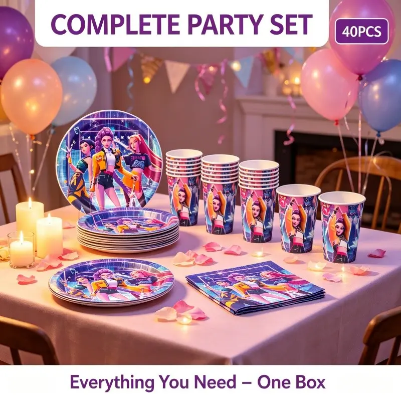K-Pop Party Supplies Set, 10 Paper Cups, 10 Paper Plates, 20 Napkins, Devil Hunter Theme, Perfect for Kids Parties, Christmas Celebrations