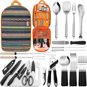 Portable Camping Kitchen Utensil Set-27 Piece Cookware Kit, Stainless Steel Outdoor Cooking and Grilling Utensil Organizer Travel Set Perfect  Travel, Picnics, RVs, Camping, BBQs, Parties and More