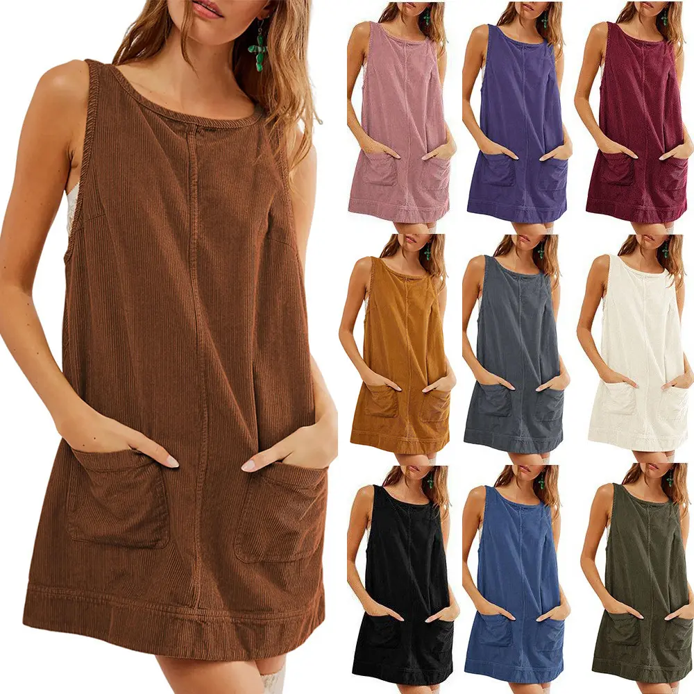 Women's Corduroy Overall Dress Round Neck A Line Skirtall Jumper Mini Dress Pinafore with Pockets