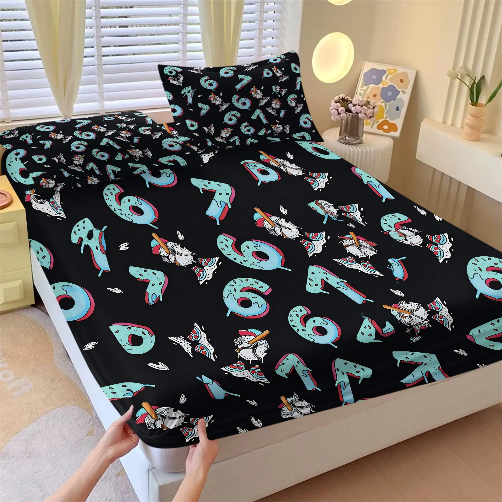 Cool Street Style Digital 67 Graffiti Fitted Sheet Set, Bed Sheet Sets - 1 Bed Sheet & 2 Coreless Pillowcases - Soft Skin-Friendly Fabric Anti-Slip Deep Pocket Mattress Protector - Streetwear Culture Style Bedroom Decor Gift for Teens Comfy Bedding Set