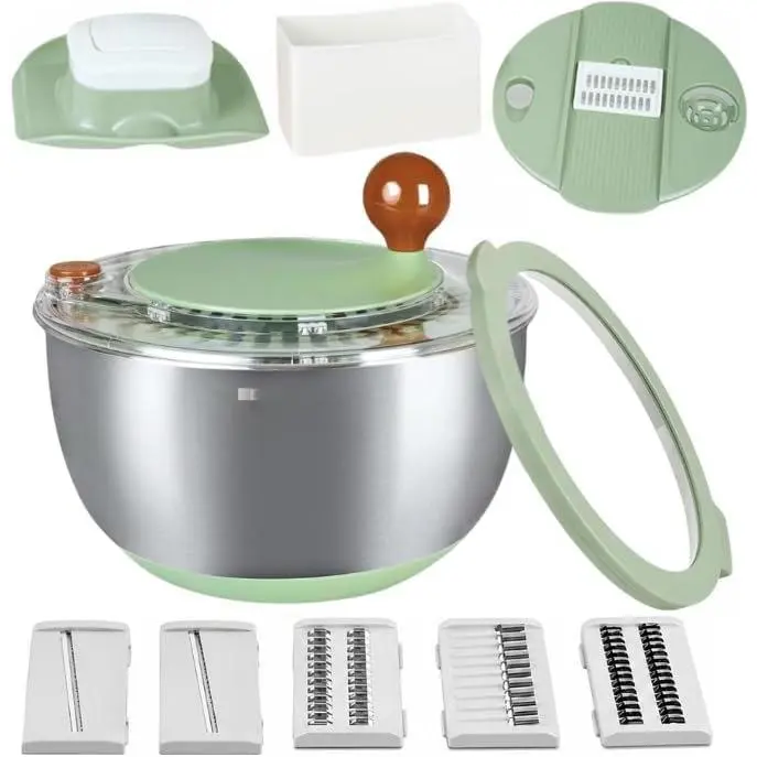 Stainless Steel Salad Spinner with Storage Lid, 5.3Qt, | , 5-in-1 lettuce spinner with non-slip base, dishwasher safe, 5 slicer , egg yolk separator, Stop Button