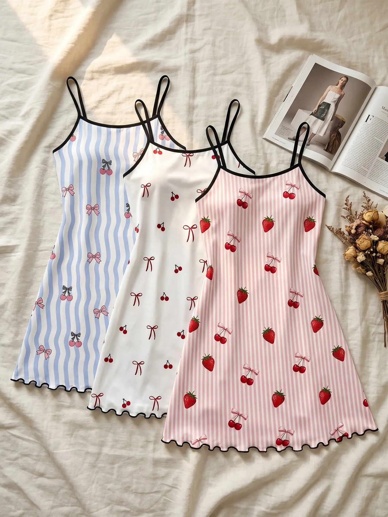 Women's 3 Pack Cami Spaghetti Strap Nightgown Set, All Seasons Wearable, Striped Strawberry Cherry Print, Ruffled Wavy Hem, Fresh Girl Style, Loose Fit for Loungewear & Photos