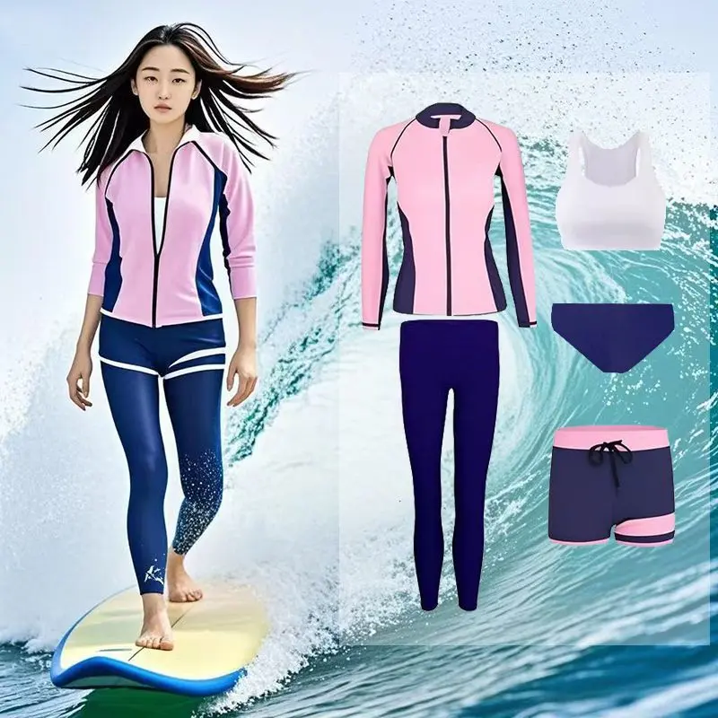 Women Split Long Sleeve Zipper Quick Dry Jellyfish Suit Pink Five Piece Surf Swimwear Set