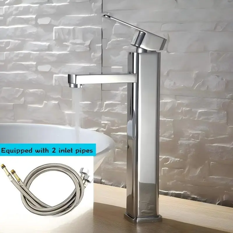 High-Height Cold and Hot Water Faucet Set, Faucet Combo, Sink Basin Faucet with 2 X 60cm Inlet Pipes, G3/8 Thread, Alloy Material, Splash-Proof
