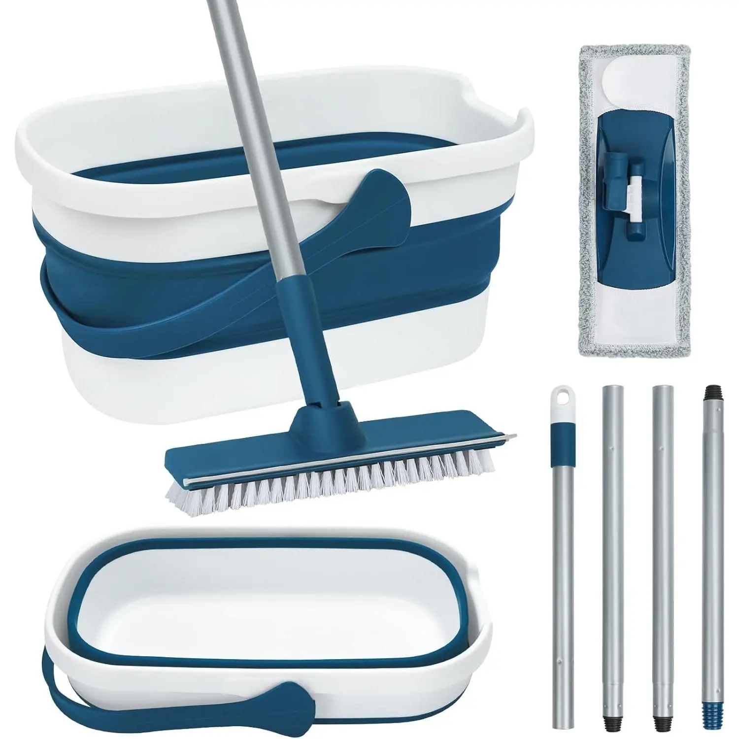Collapsible Mop and Bucket Set with Scrub Mop & Brush, Flat Mops for Tile Laminate Hardwood Floor Cleaning, Foldable Bucket with Washable Microfiber Mop (Blue)