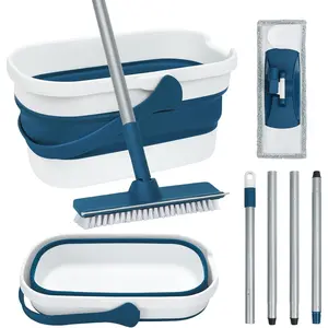 Collapsible Mop and Bucket Set with Scrub Mop & Brush, Flat Mops for Tile Laminate Hardwood Floor Cleaning, Foldable Bucket with Washable Microfiber Mop (Blue)