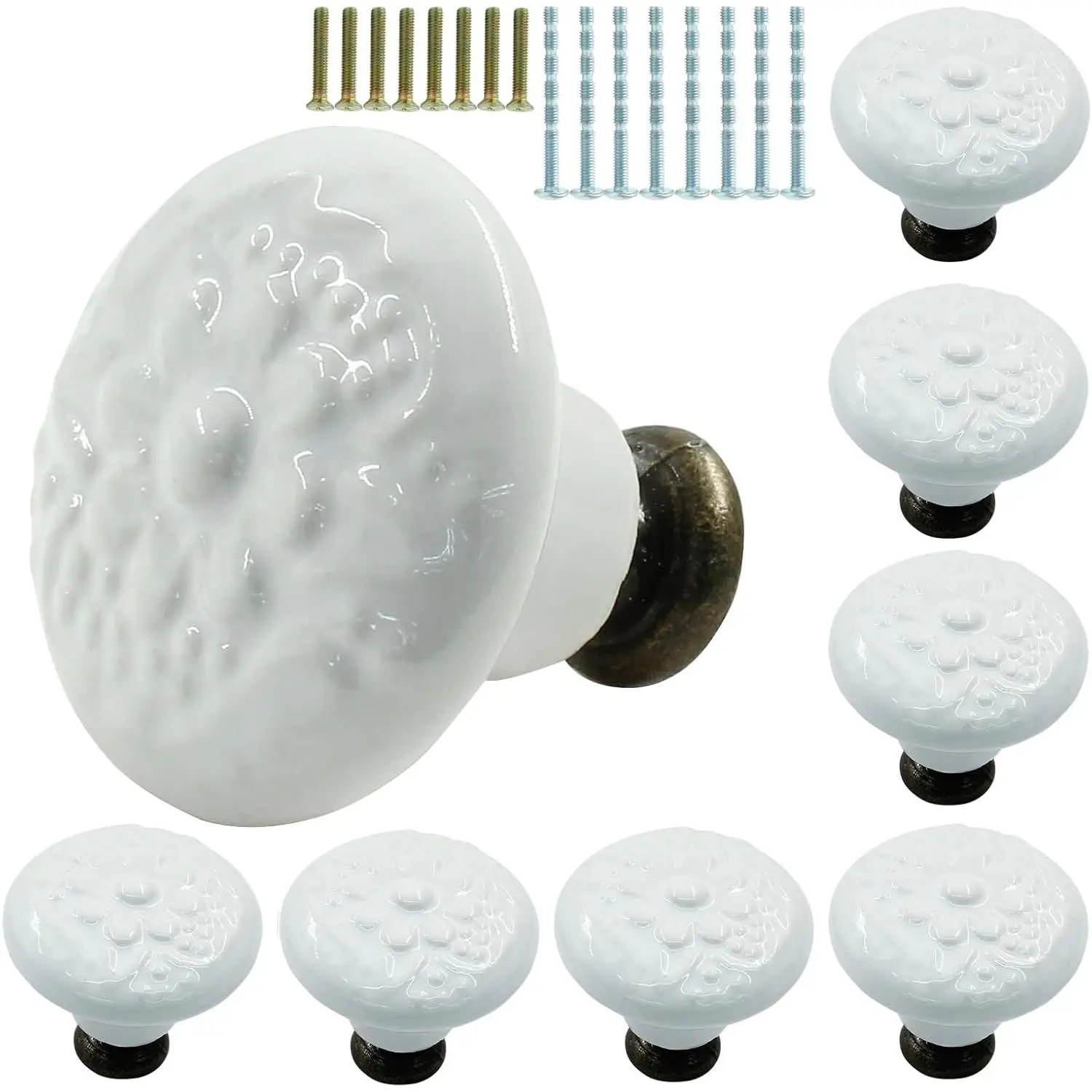 8 count White Ceramic Knobs  Handles, Decorative Kitchen Cabinet Knobs Pulls, Retro Ceramic Dresser Knobs for Furniture, Closet, Cupboard, Door Knobs