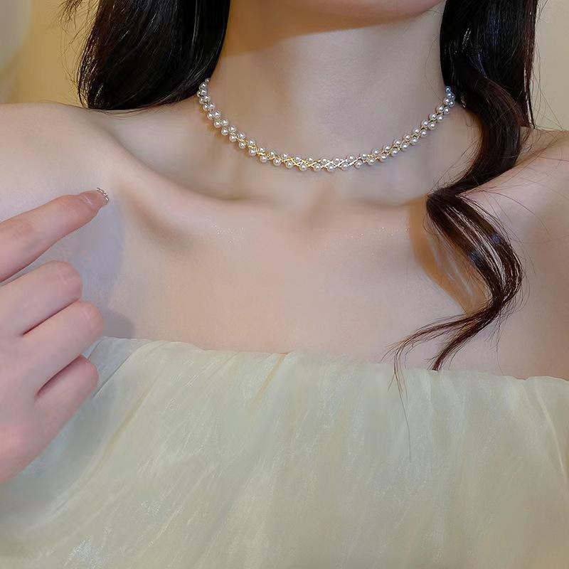 Hand Braided Black Crystal White Pearl Choker | Women’s Light Luxury Personalized Elegant Neck Jewelry | Everyday Style Collarbone Chain evry jewels day collar chainmail Necklace Rosary Bead