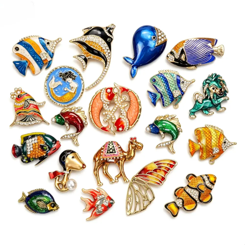 Unisex Vintage Animal Sea Creature Brooch Set Gold-Tone Alloy with Enamel Crystal Accent for Daily Wear Gifting