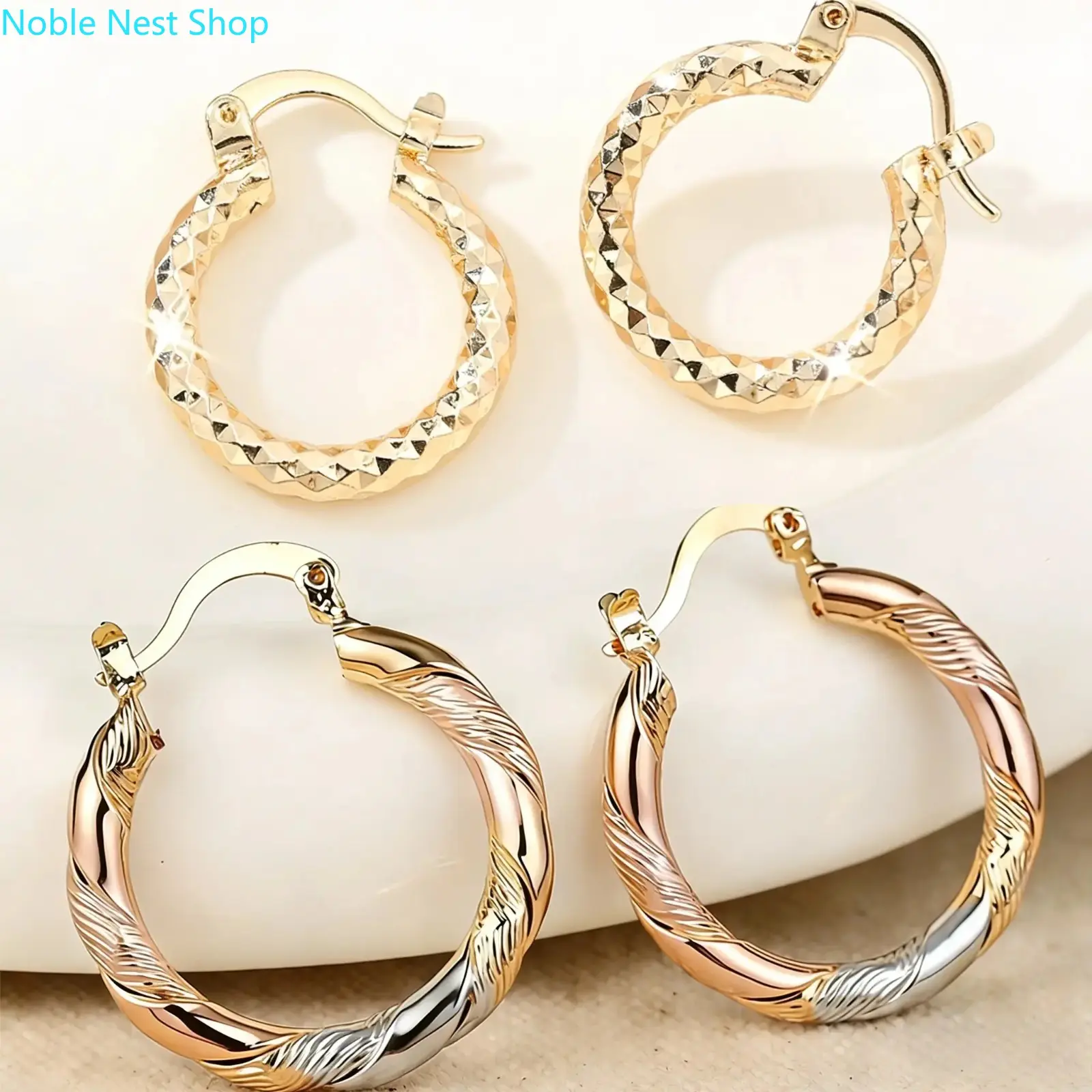 2 Pairs 14K Gold Plated Twisted Round Hoop Earrings, Minimalist Lightweight Copper Unisex Hoops, Comfort Jewelry for Daily Wear, Wedding Party & Birthday Gift