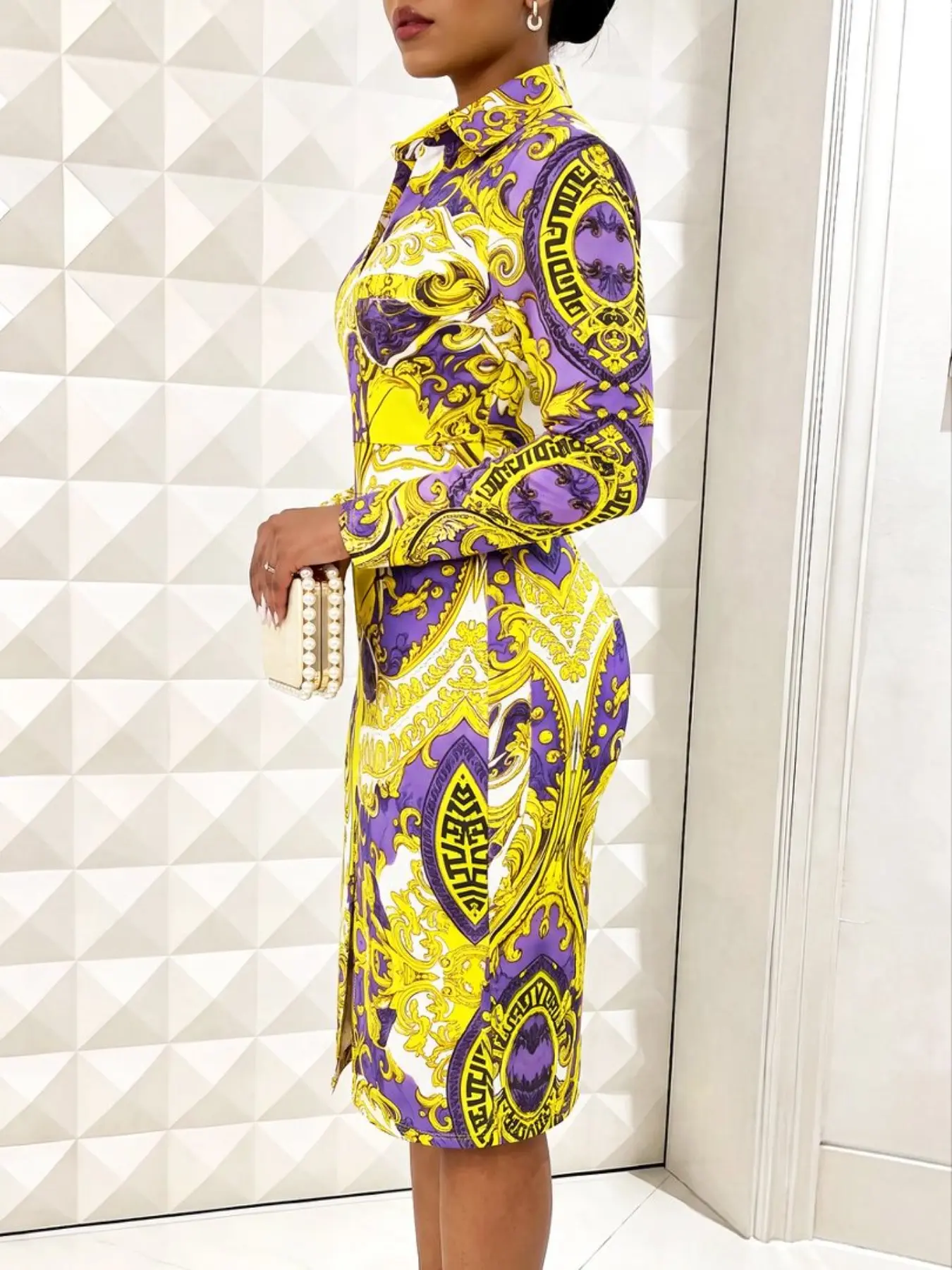 Women's Baroque Scroll Print Midi Dress, Collar V Neck, Long Sleeve, Front Split, Bodycon Pencil Skirt, Elegant Office, Church, Formal Wear