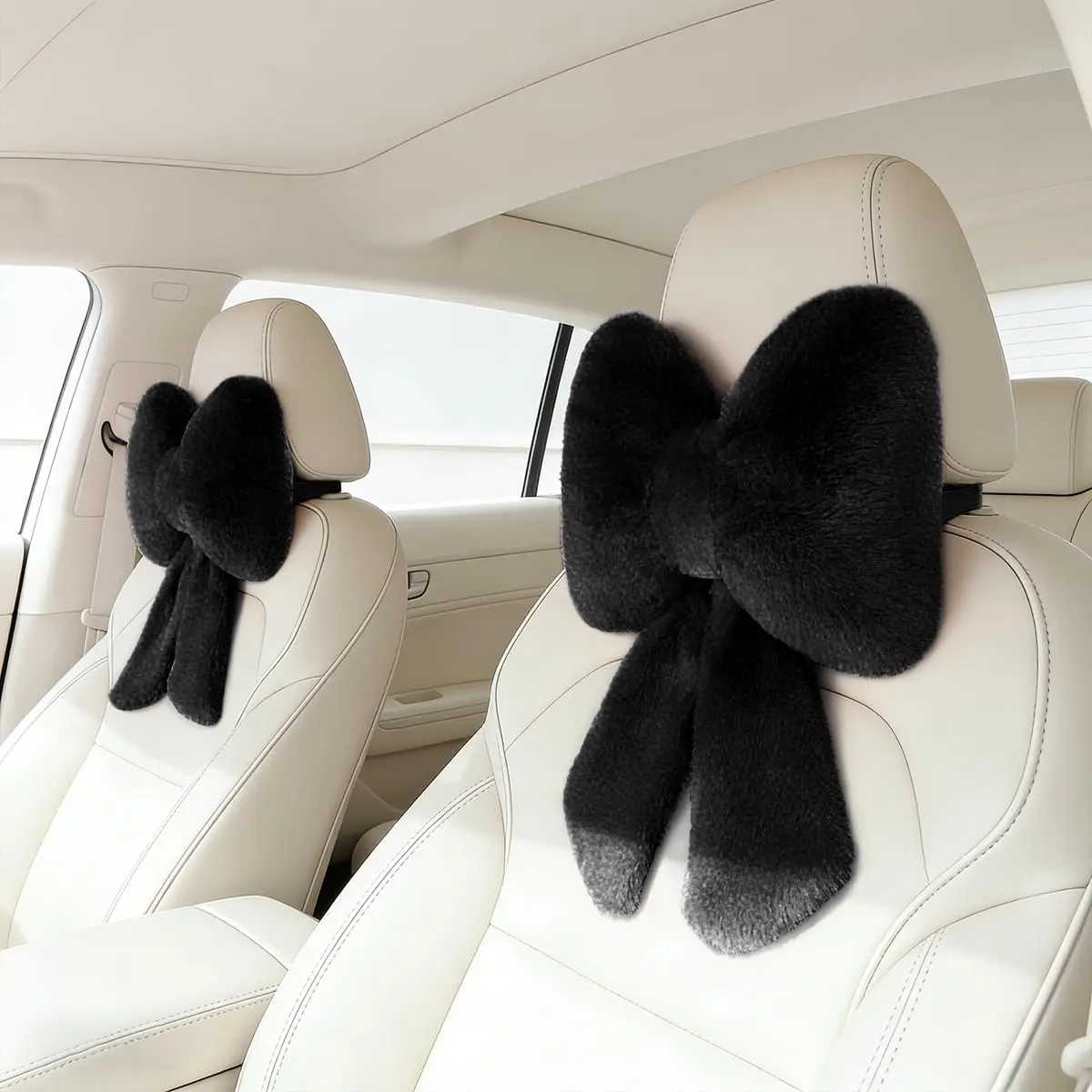 2-Piece Soft Plush Bow Baby Car Head Neck Rest Set, Fluffy Fabric Cushion for Driving Travel, Car Seat Décor & Comfort Support (Black), Two Piece Set