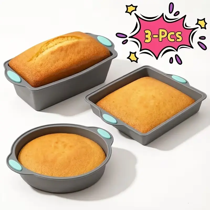 3pcs Silicone Bakeware Set - 10 inch Non-Stick Cake Pan Set Includes Round, Square And Rectangular Bread Molds - Professional Food-Grade Baking Molds for Easy Release And Dishwasher Safe, Ideal for Holiday Baking And Gifts, Baking Pans Set