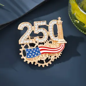 Gold Tone American 250th Anniversary Patriotic Brooch, Rhinestone-Encrusted “250” with Gear & Flag Motif, Independence Day Commemorative Statement Pin, Ideal for Holiday Wear & Daily Decor