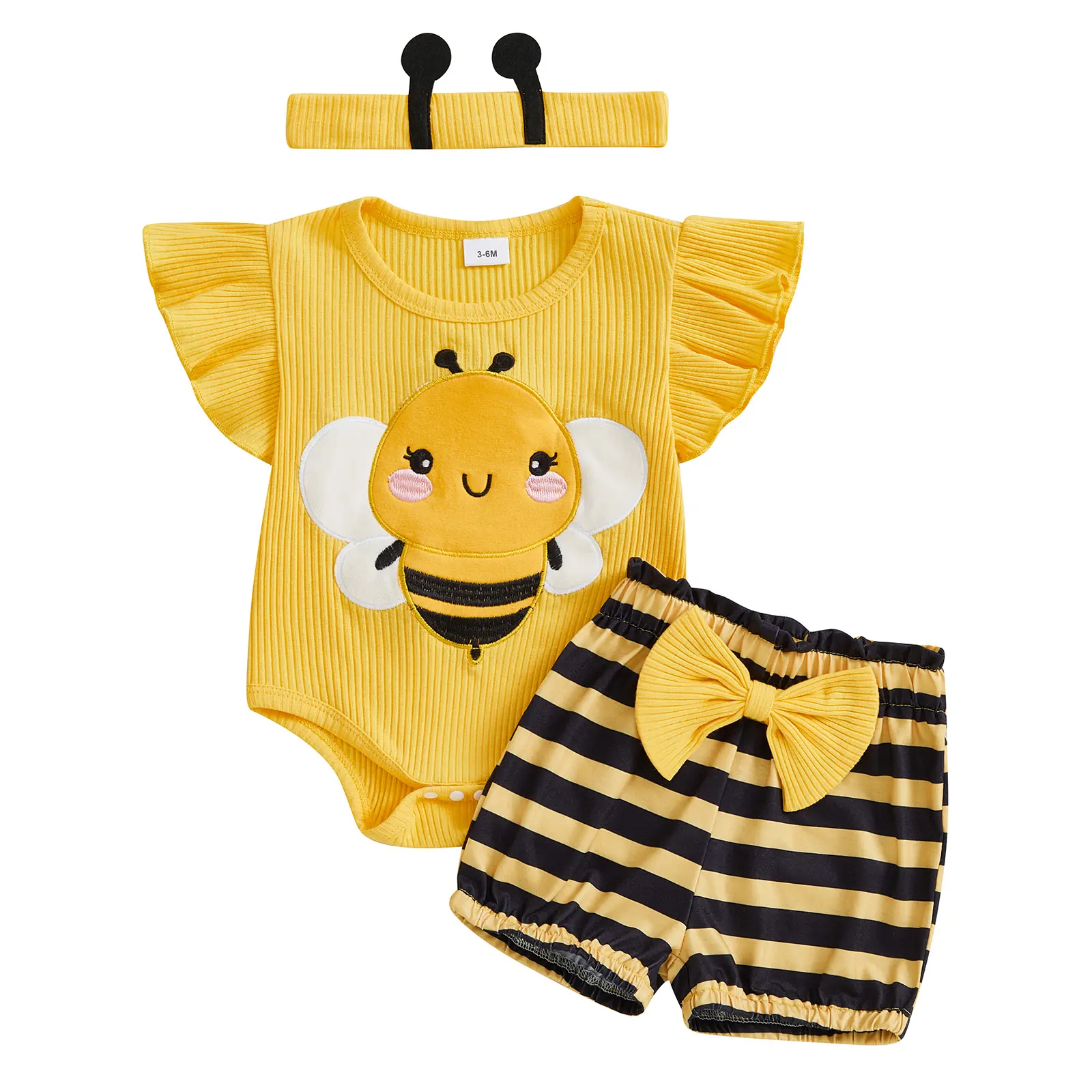 3 6 9 12 18M Baby Girl Bee Ladybug Embroidery Round Neck Romper Top Shorts Headband 3Pcs Clothes Set