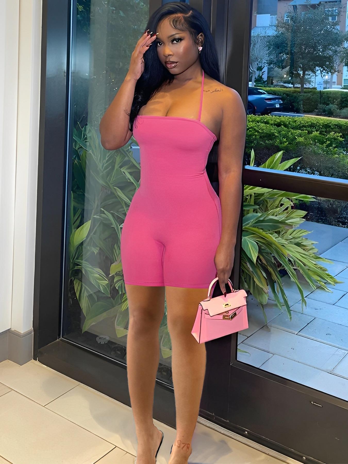 Women's Sexy Chic Stylish Solid Color Backless Bodysuit Romper with Shorts,  Comfortable Tight-Fitting Casual Summer Wear - TikTok Shop