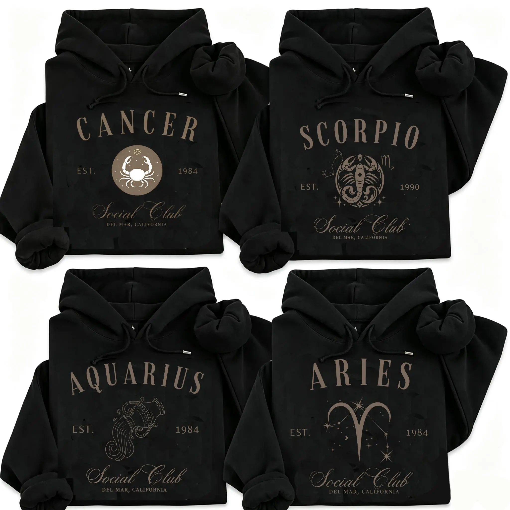 Retro autumn women's hooded sweater, retro twelve zodiac social club pattern hooded sweater, seasonal autumn clothing with zodiac signs, suitable for autumn and winter outfits, birthday gift, women's fashionable item