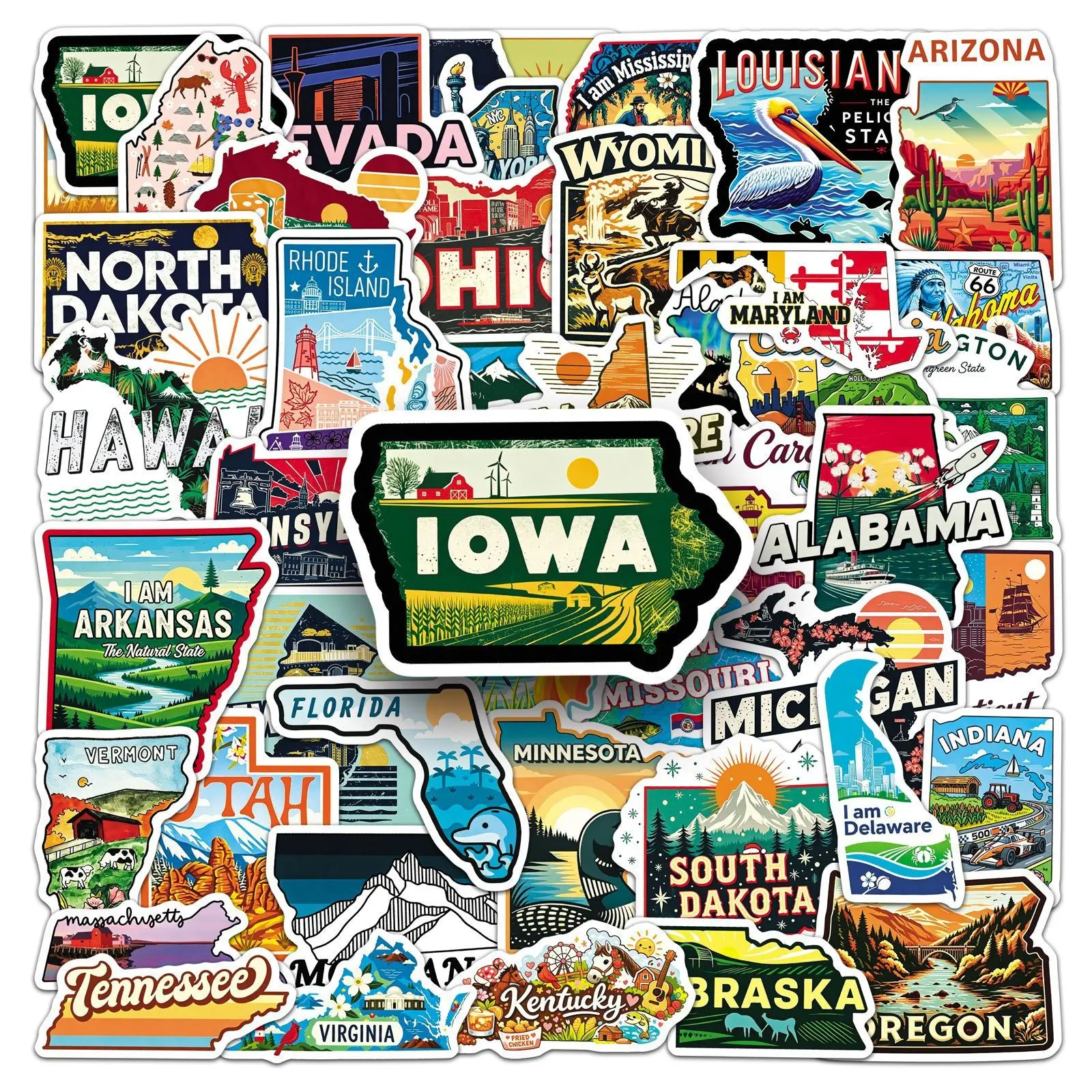 50pcs US State Map Stickers, Waterproof Cartoon Design, Outdoor Travel & Journaling, Durable PVC Material, Perfect for DIY Projects, Travel Friendly Stickers